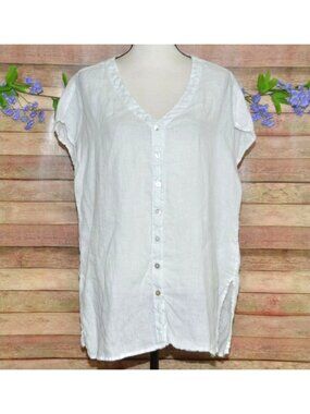Jones & Co. White 100% Linen Button Front Tunic Top Size L Cap Sleeve Coastal